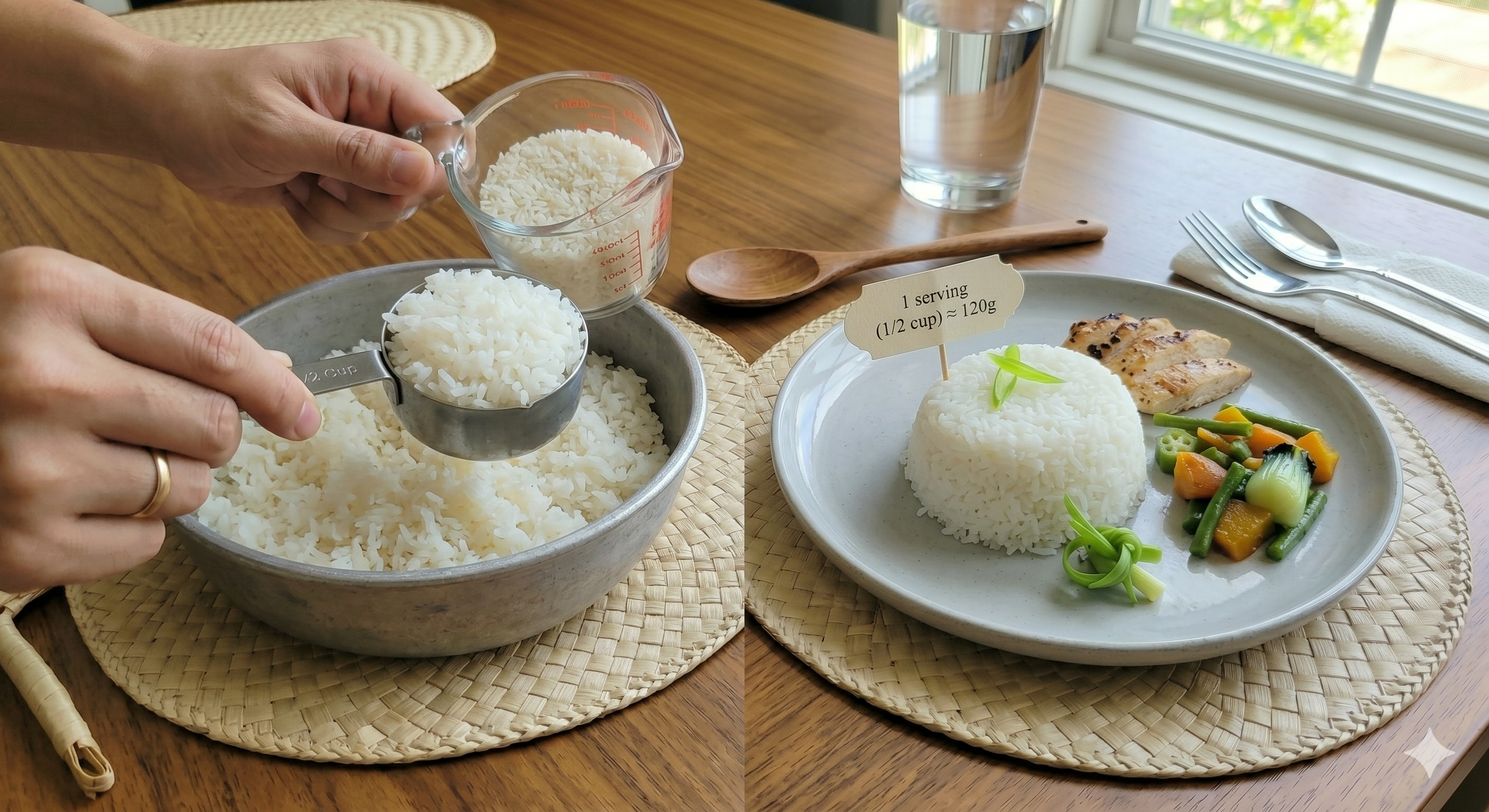 A person measuring a proper serving of rice to support portion control.