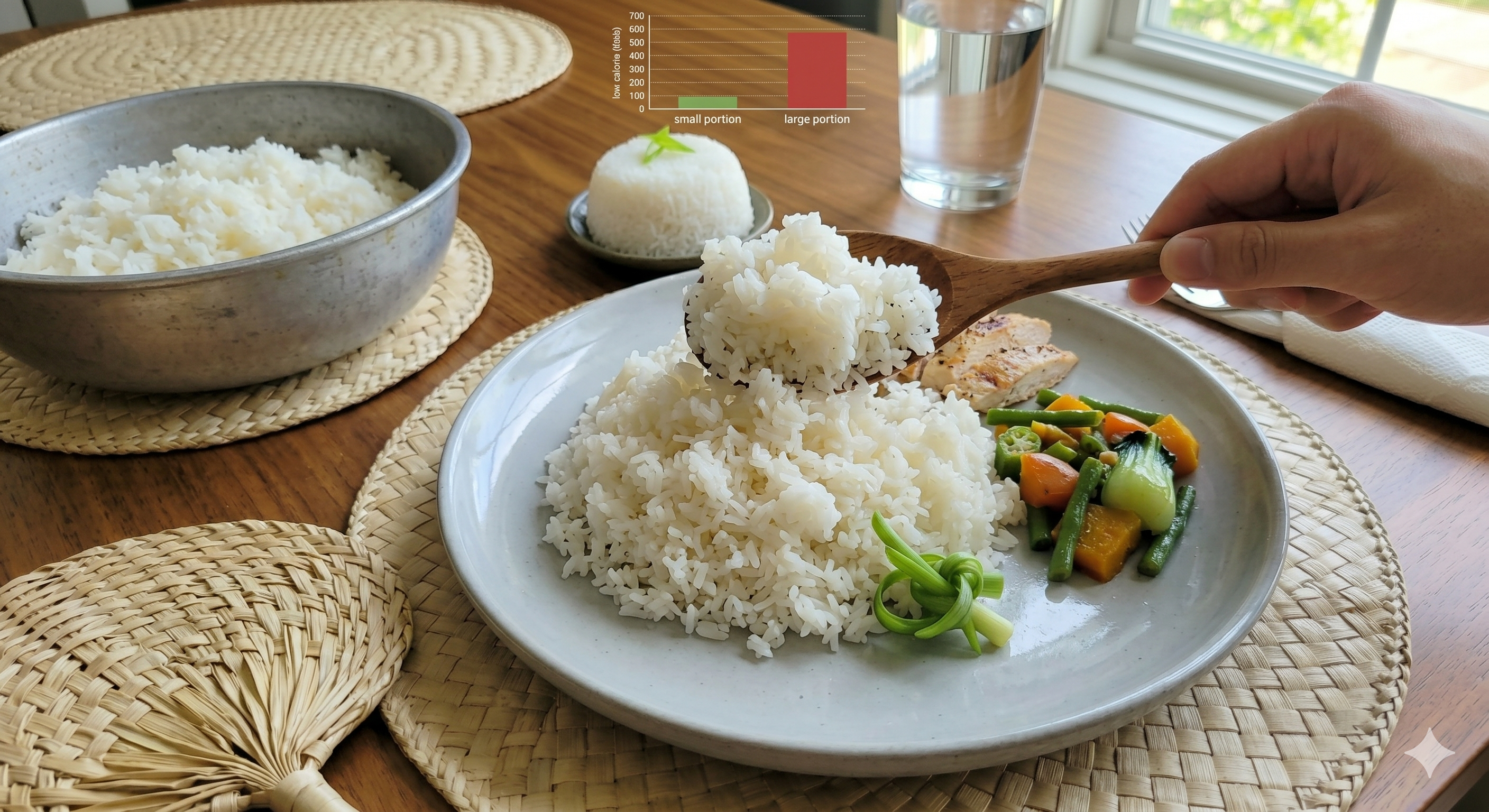 A large serving of white rice being placed on a plate, showing how portion size can affect calorie intake.