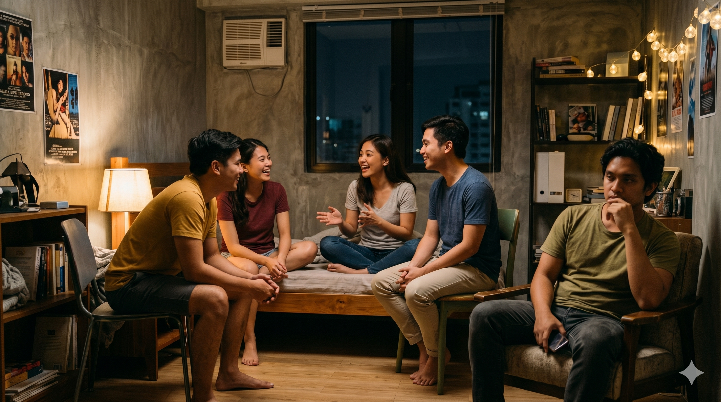 A Filipino young adult in a group setting but appearing emotionally distant, illustrating hidden loneliness.