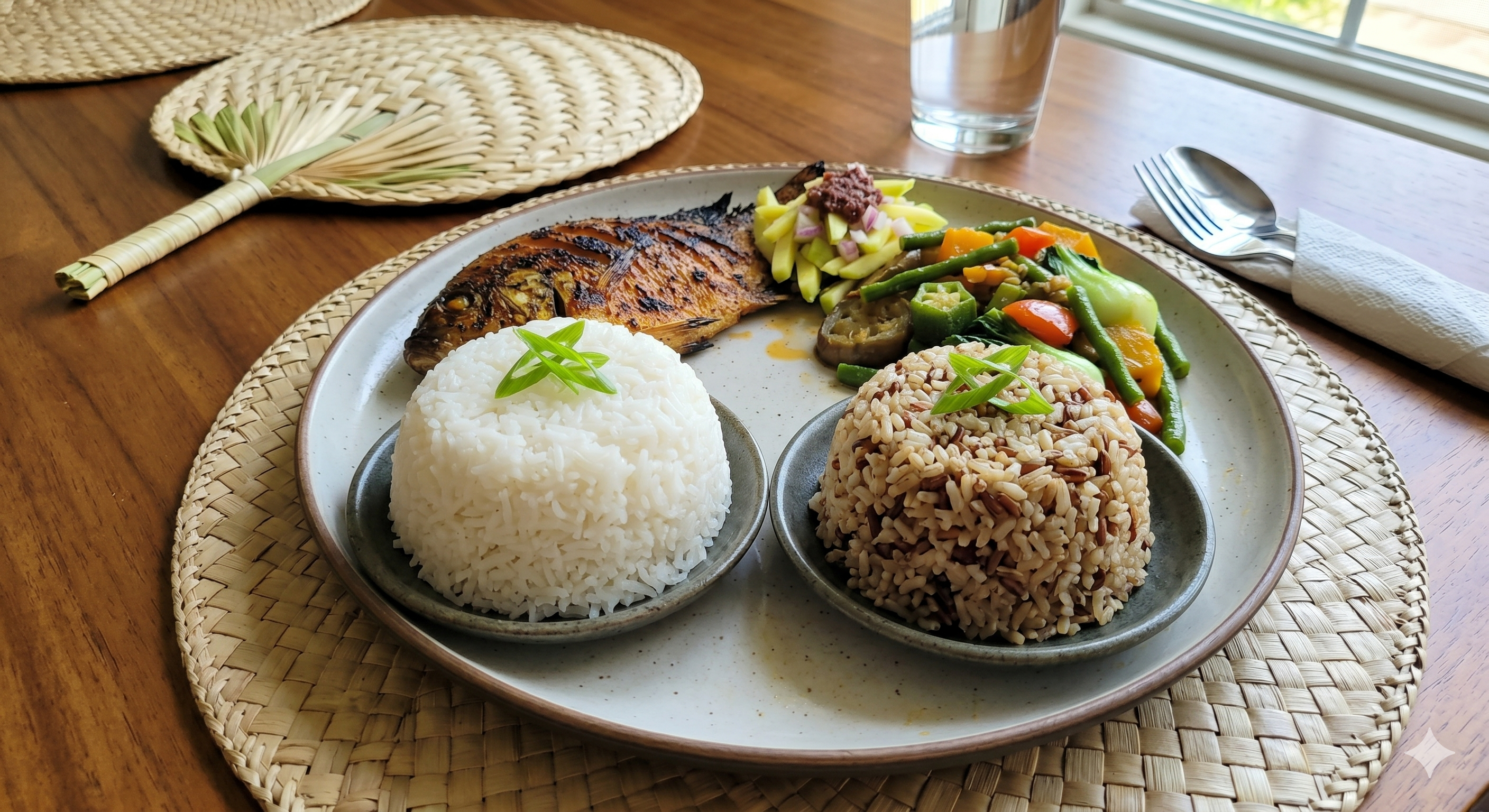 White rice and brown rice placed side by side to compare their appearance and texture.