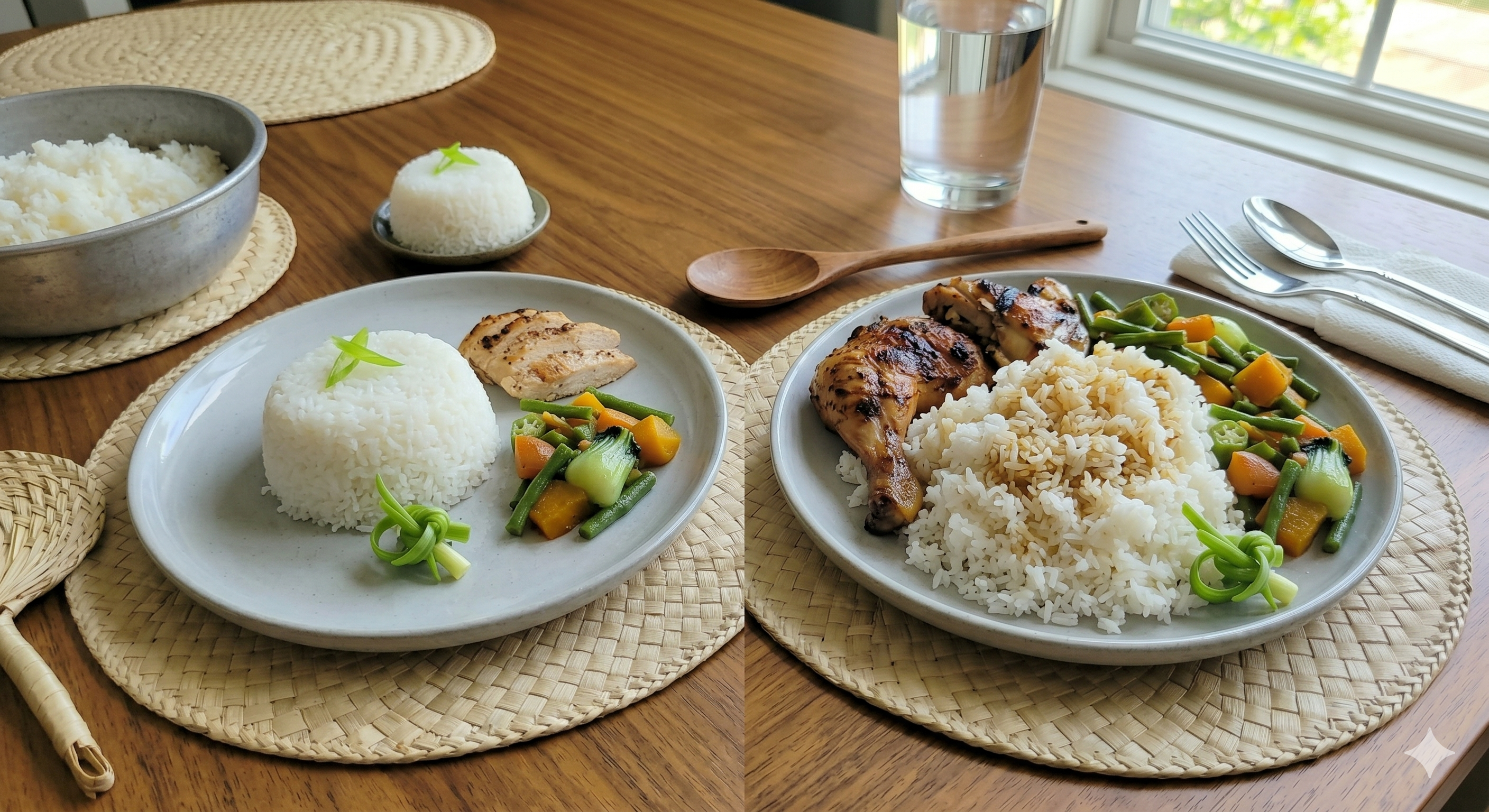 A comparison of a balanced Filipino meal and a heavy meal to show the importance of portion size.