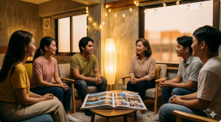 A Filipino mental health support setting with people in conversation, showing that help and connection are available.