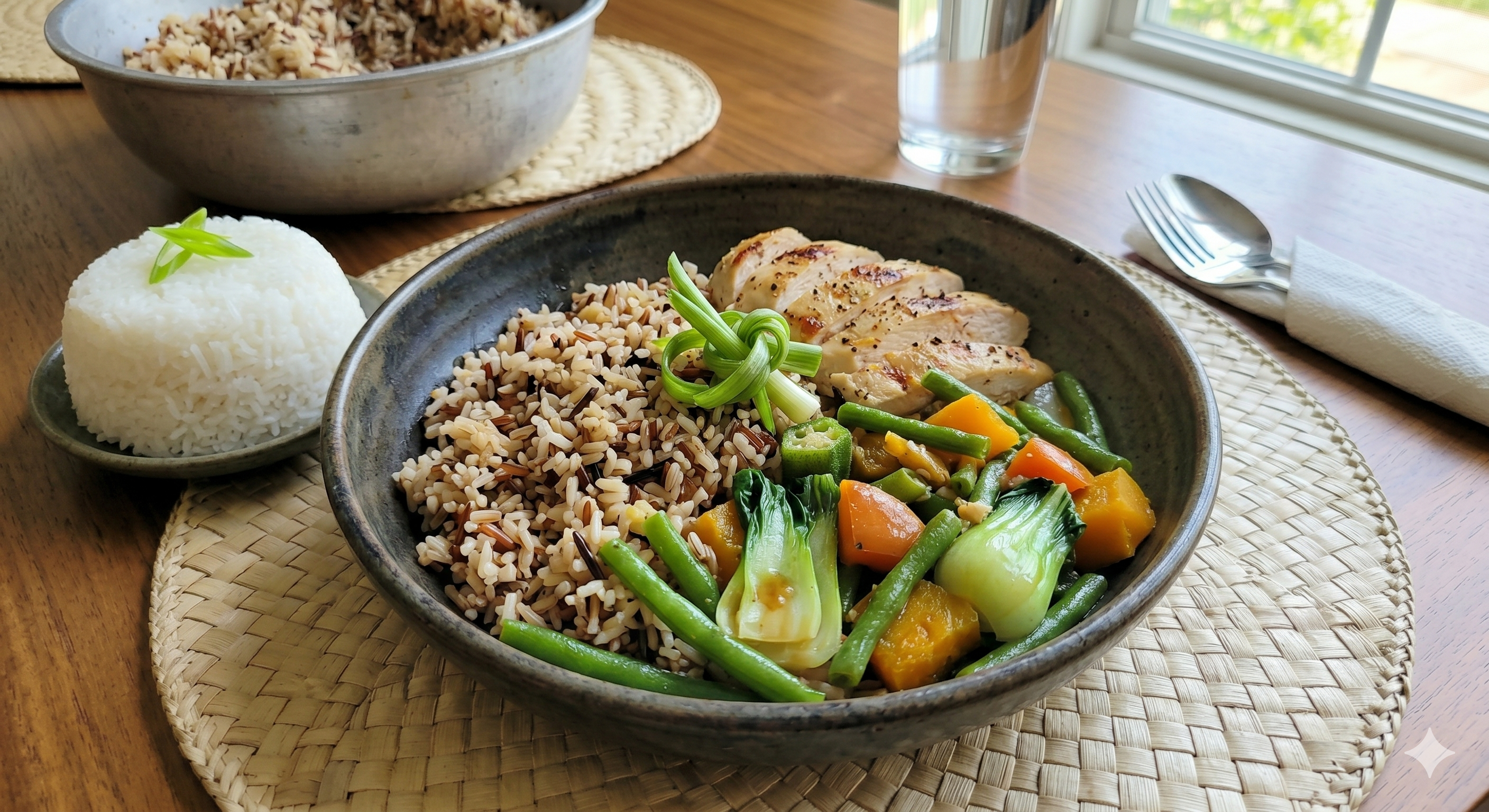 A healthy bowl of brown rice with vegetables and lean protein for a balanced diet.
