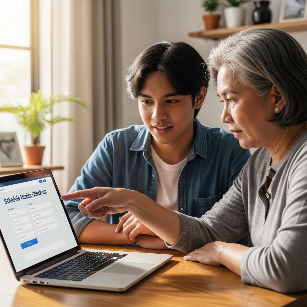 Filipino student assisting parent with scheduling a health check-up using a laptop