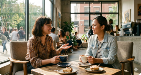 Two Filipino friends having a supportive conversation over coffee, representing healthy social connection.