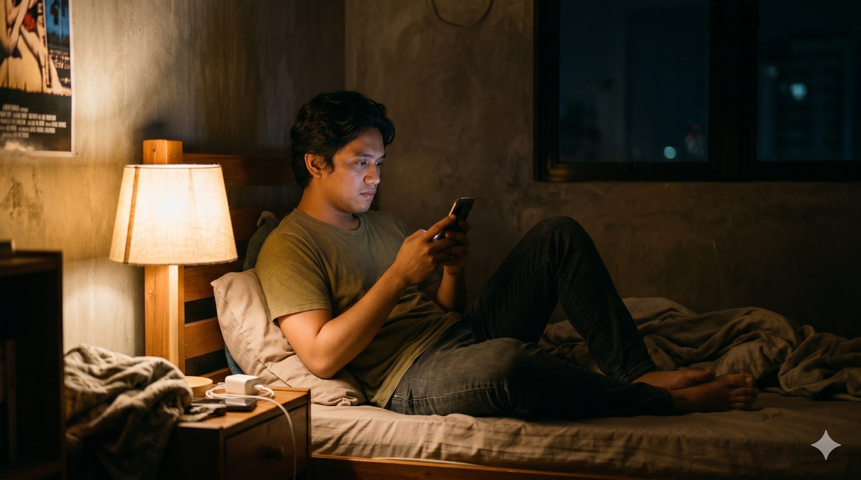A Filipino young adult using social media alone at night, showing the contrast between digital connection and real loneliness.